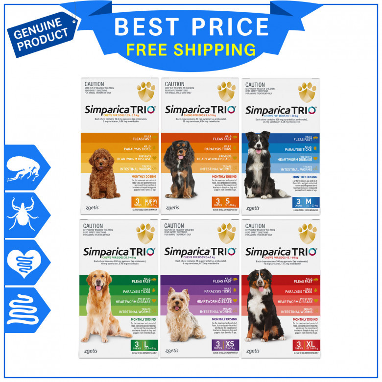 SIMPARICA TRIO Monthly Worm Flea Tick Control 3 Chews for Dogs