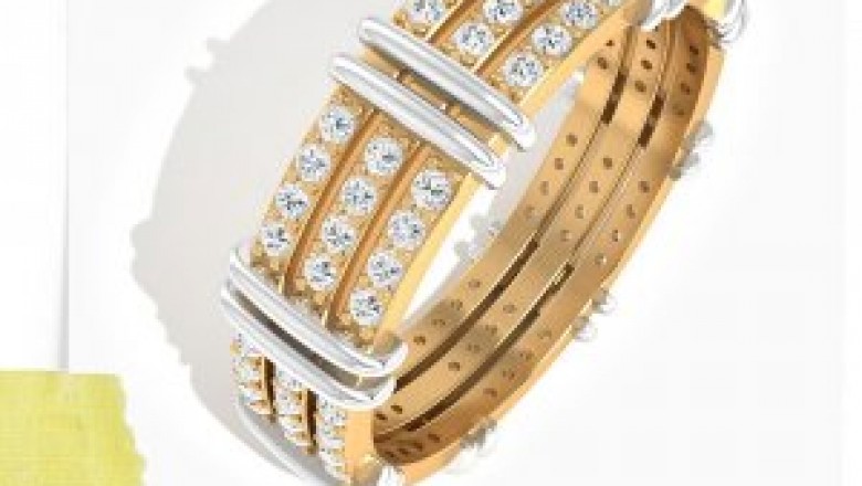 3 Row Diamond Eternity Ring, Pave Set Round Diamond Wedding Ring, Yellow Gold Stack Anniversary Ring Gift for Her