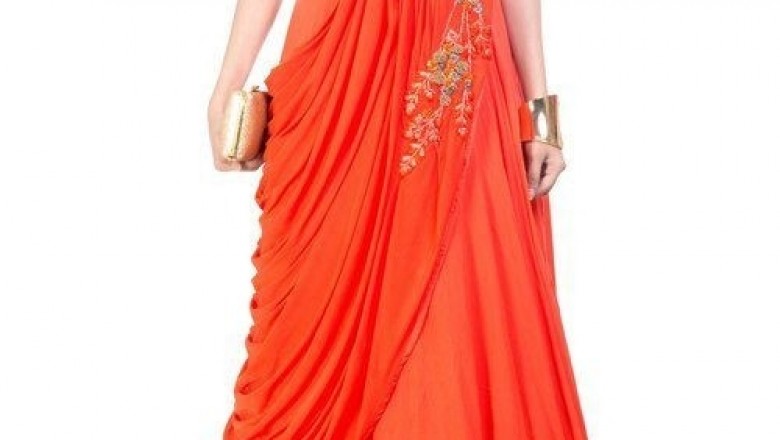 Orange Color Georgette Fabric Saree Gown