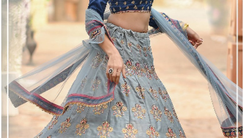 Buy Blue Silk Ruffle Lehenga Online from EthnicPlus for
