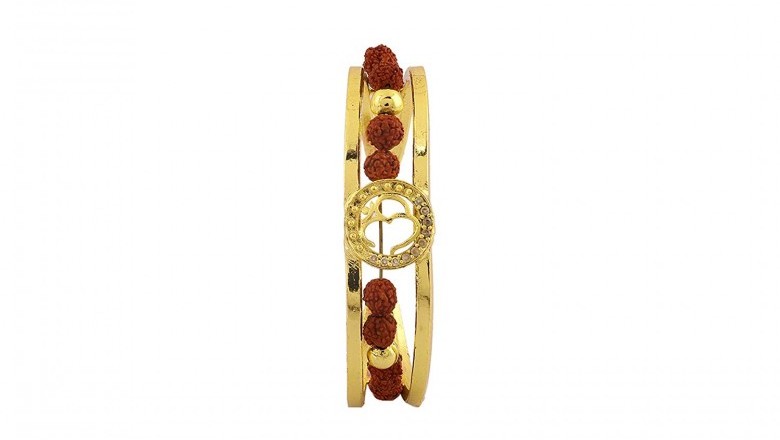 Rudraksh American Diamond Gold Plated Cuff Kada Bracelet for Men