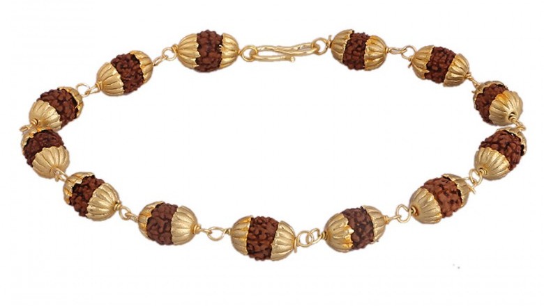100% Natural Rudraksha, Handmade Premium Bracelet of Rudraksha Beads in Golden Brass