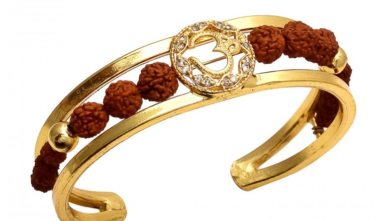 Gold Plated Om Design Rudraksha cuff Kada, Bangle, Bracelet