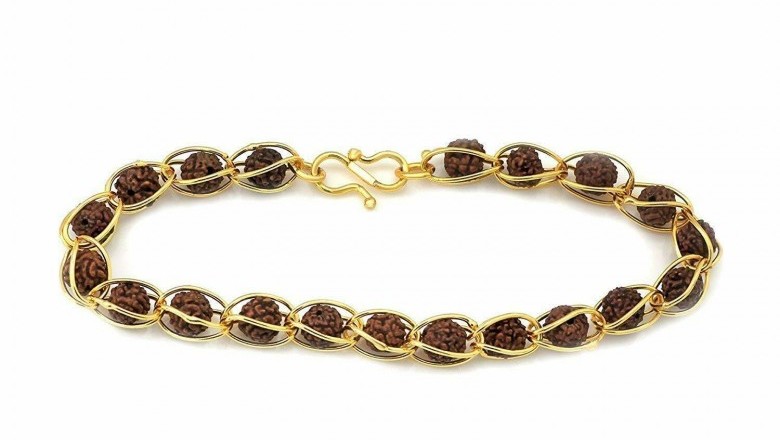 Handmade Bracelet of Rudraksha Beads Pinjara in Golden Brass