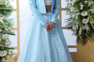 Buy Blue Sequins Georgette Party Wear Indo-Western Lehenga with Jacket Online from EthnicPlus for 2,899.00