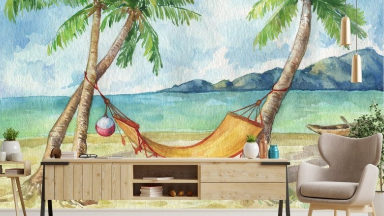 Tropical Beach Watercolor Wallpaper, Removable Peel and Stick Or Traditional Wallpaper, Printmyspace