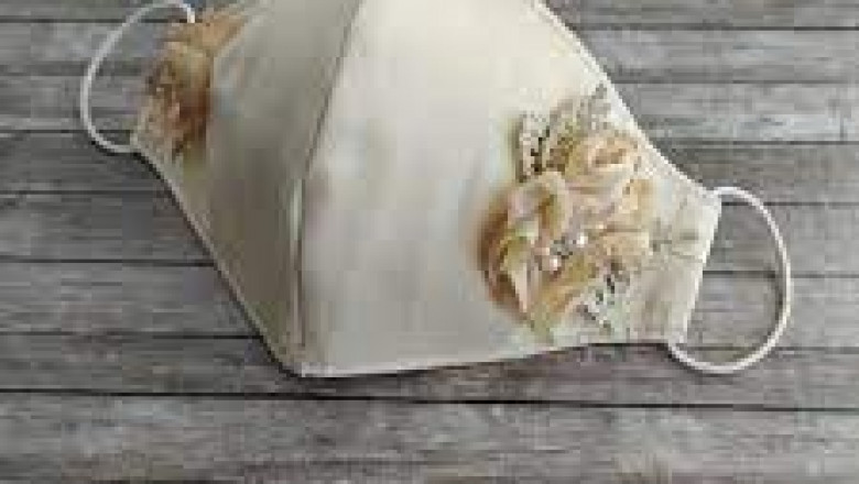 Beautiful Wedding Facemask Pink, Grey, Cream Flowers Beads