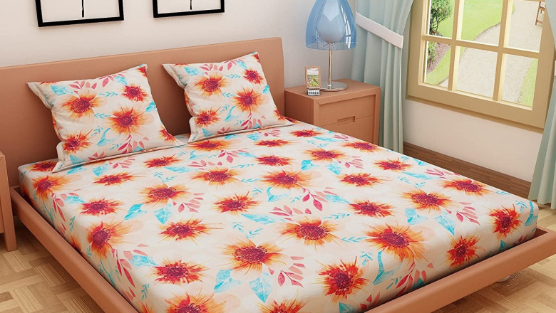 Dream Care Floral Print 100% Pure Cotton Bedsheet with 2 Pillow Covers, Double Bed (Orange)