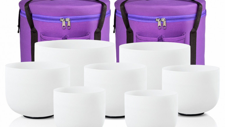 Set of 7 Pcs Quartz Crystal Frosted Singing Bowls Chakra with Free Carry Bag