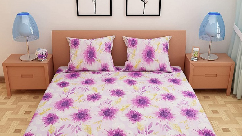 100% Pure Cotton Floral Print Purple Double Bedsheet with 2 Pillow Covers