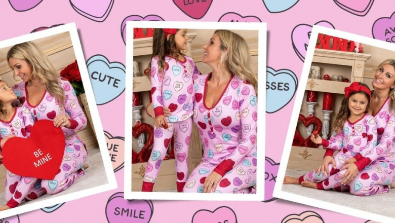 Mommy and Me Sweet Hearts Print Button Pajamas