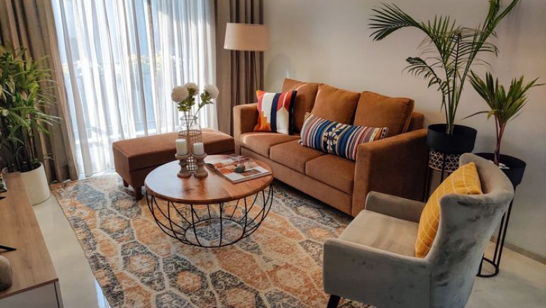 Living Room Decor with Rugs and Poufs