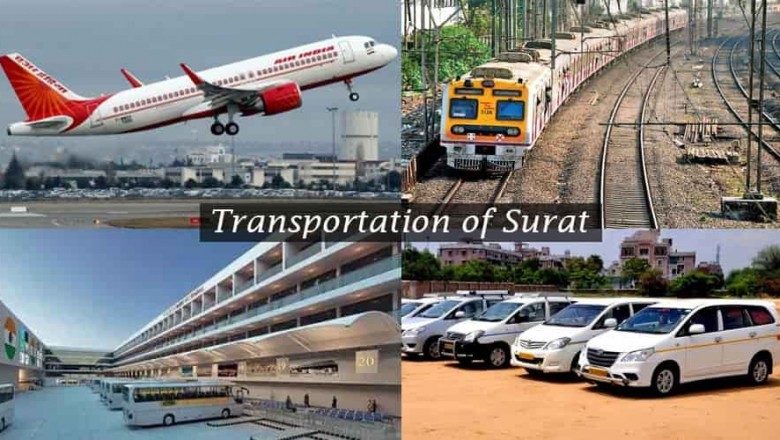 How can we go to surat by train bus road and flight?