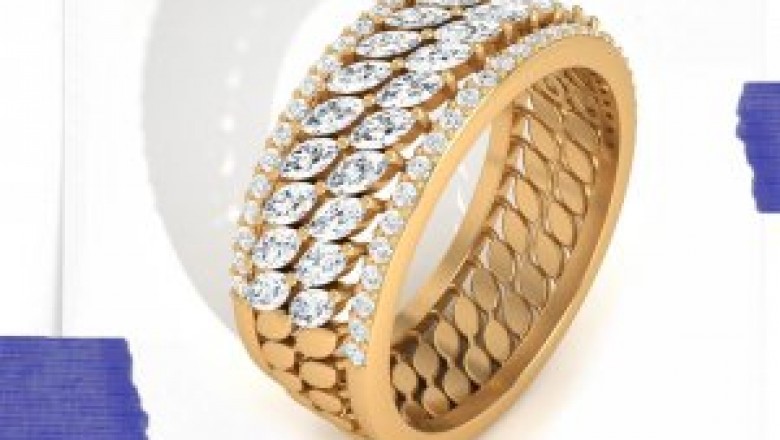 Unique Vintage Wide Wedding Band, Marquise Diamond Half Eternity Ring, Stackable Mothers Ring 14kt Yellow Gold