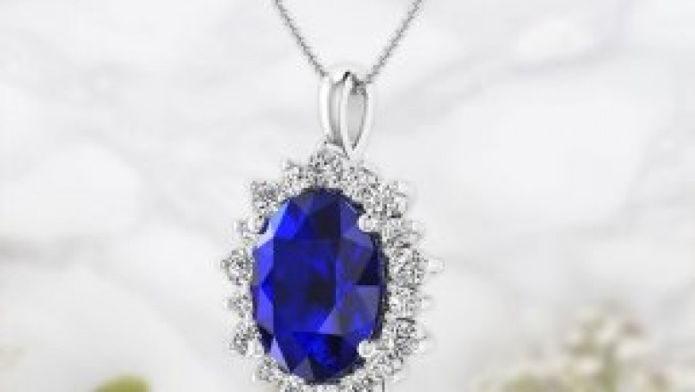 Blue Sapphire Oval pendant, White Gold Diamond Necklace